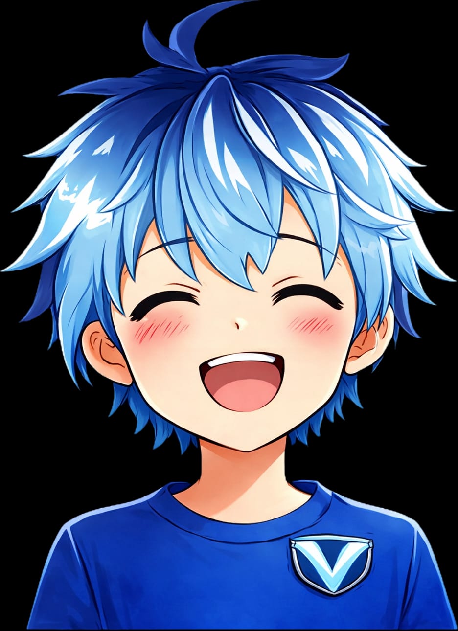 VYRNT character — chibi boy with spiky blue hair laughing